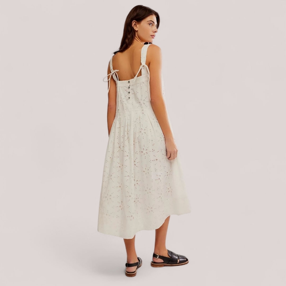 Free People Primavera Eyelet Tie Midi Dress White Cottagecore Boho‎ Sz S NWT